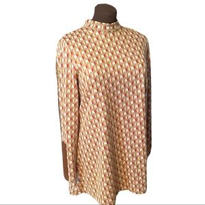Tylerboe Long Sleeve Geometric Shift Dress Leather Patch 70’s Style Size L EUC